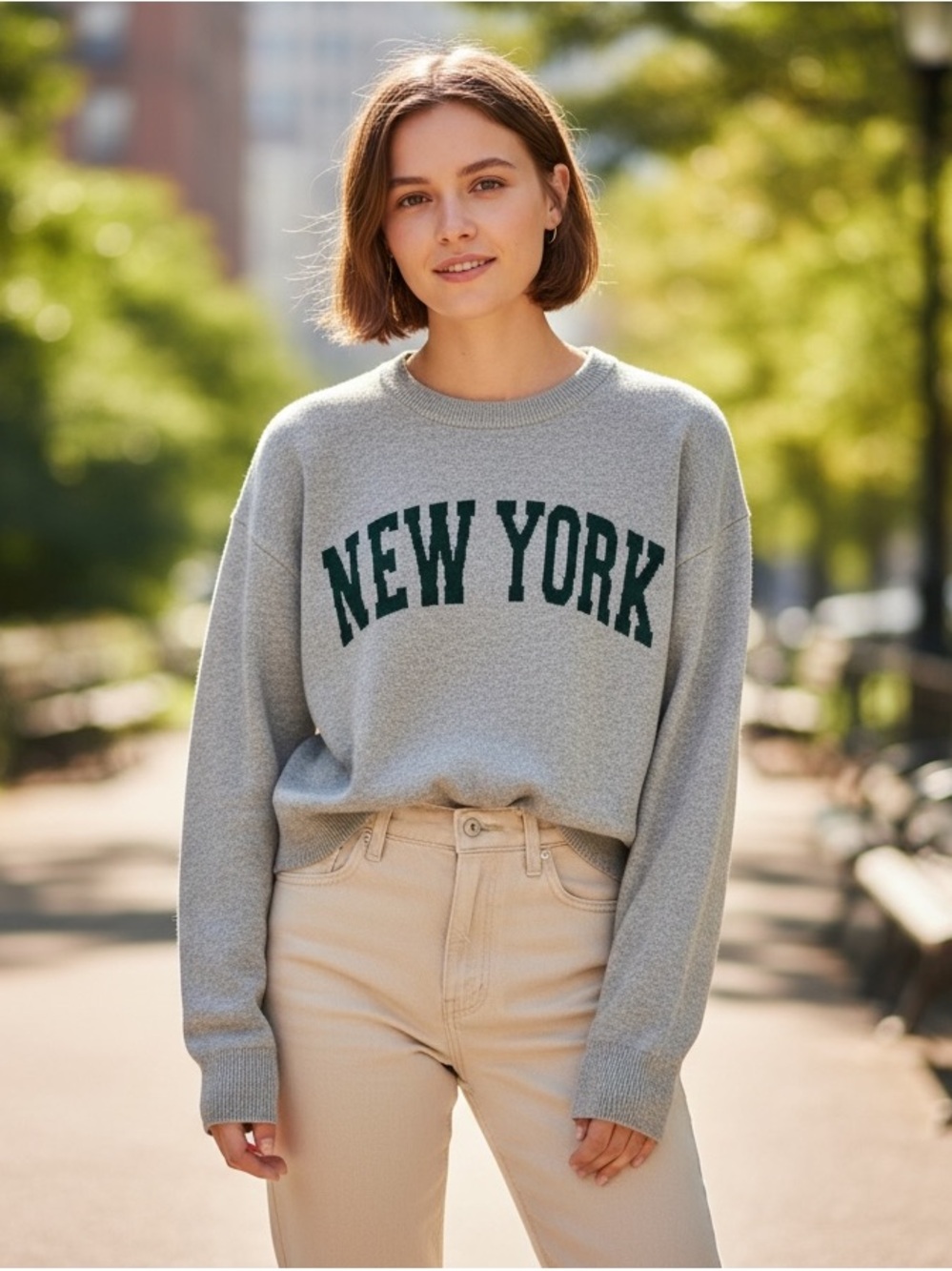Grey 'New York' Crewneck Sweater Top - Women's Casual Pullover